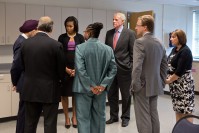 Michelle Obama talking with, from left, Kulwant Singh Dhaliwal, Steve Scaffidi; Gwen Moore, Tom Barrett; Chris Abele, and Tonette Walker.